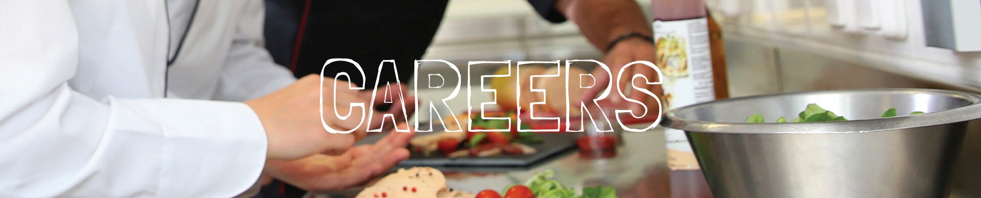 Two chefs cooking in the kitchen with a text over that says 'Careers'.